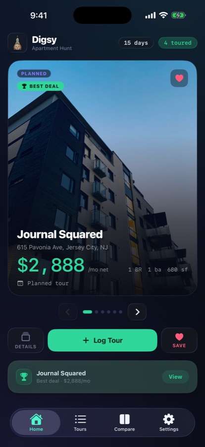 Digsy showing a toured apartment with its net-effective rent and best-deal badge